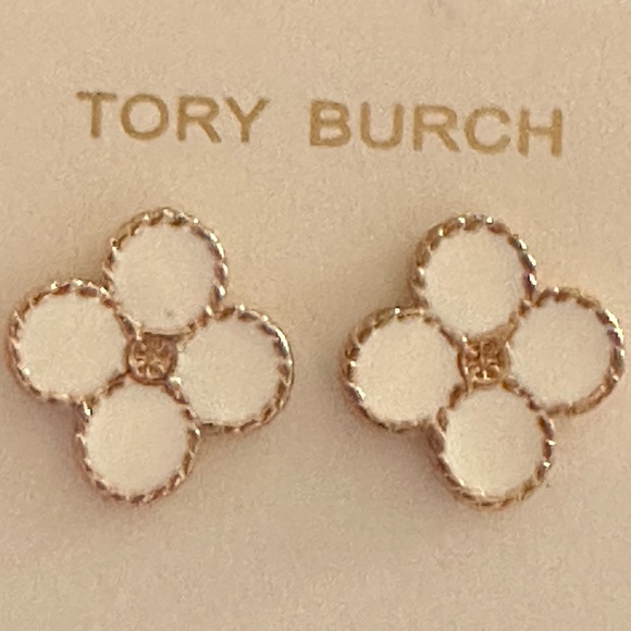 Tory Burch white enamel clover style Logo stud earrings - Picture 4 of 7